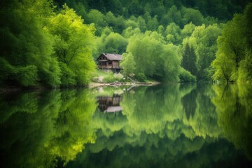 Obraz premium reflection of peaceful lake surrounded by lush green forest, perfect escape, created with generative ai