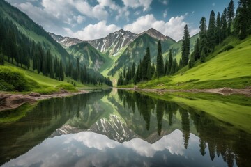 Fototapeta na wymiar reflection of mountain peaks in serene lake, surrounded by lush greenery, created with generative ai