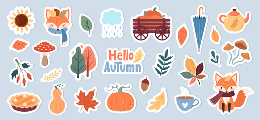 Cute autumn sticker set with fox, leaves, mushrooms, pumpkins and autumn elements. Cozy vector illustration - obrazy, fototapety, plakaty