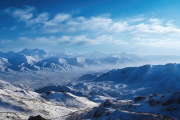 Fototapeta na wymiar majestic snow-capped mountain range stretching to the horizon, with a view of an ethereal blue sky, created with generative ai