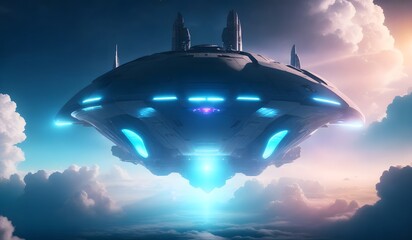 Naklejka na ściany i meble Futuristic UFO flying in the air. Generative AI