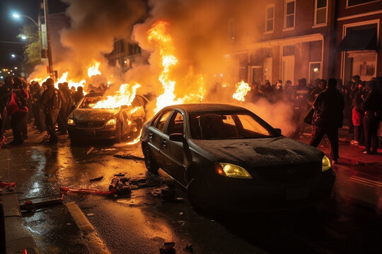 An image of rioting with car burning on the street - Generative AI