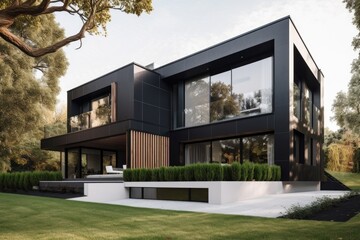 modern home with sleek and minimalist exterior, featuring angular shapes and clean lines, created with generative ai