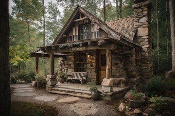 Fototapeta na wymiar rustic cabin with stone exterior and porch swing, created with generative ai