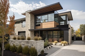 modern and sleek exterior with glass, metal, and stone accents, created with generative ai