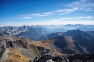 Obraz premium majestic mountain range, with peaks and valleys in full view, surrounded by blue skies, created with generative ai