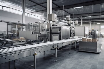 packaging factory, with automated machines and conveyor belts creating packaging products, created with generative ai