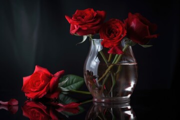red roses in vase, with water and light refelction on the petals, created with generative ai