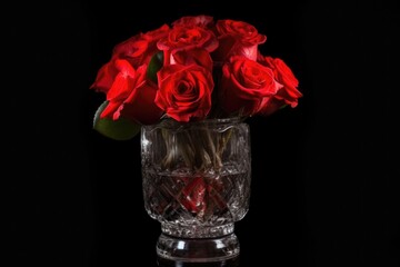 red rose bouquet in crystal vase on black background, created with generative ai