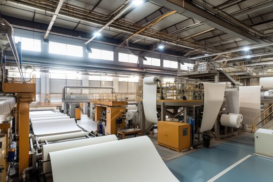 factory, with large machines producing paper products in high-tech environment, created with generative ai