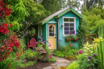 Obraz premium tiny house in lush, colorful garden setting, created with generative ai