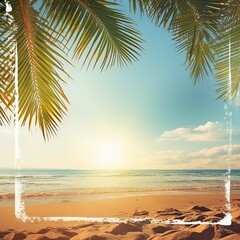 An illustration of a summer background with a frame, depicting a tropical golden beach with rays of sunlight and palm leaves. Created with Generative AI technology