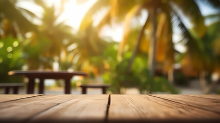 Fototapeta premium Nature of tropical summer beach with rays of sunlight and empty wooden table in nature outdoor. for presentation product. 