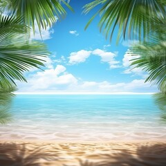 Fototapeta premium A summer landscape of a tropical golden beach with palm leaves, soft focus. Golden sand, turquoise sea, blue sky, and white clouds. Created with Generative AI technology