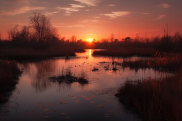 Fototapeta na wymiar wetland at sunrise, with orange and pink hues illuminating the sky, created with generative ai