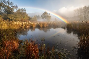 rainbow appearing over a wetland, with mist rising from the water, created with generative ai