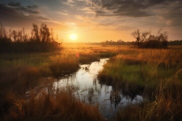 Fototapeta na wymiar wetlands and marshes, with view of sun setting over the horizon, created with generative ai