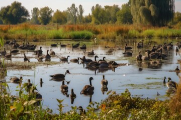 wetlands with busy community of birds, insects and other animals, created with generative ai