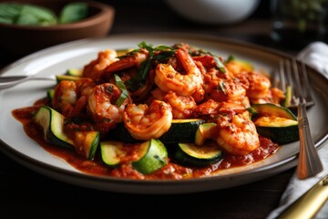 plate of zucchini pastwith shrimp and spicy red sauce, created with generative ai