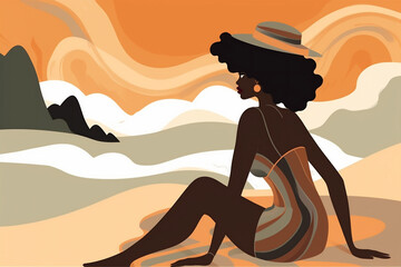 beach woman concept black vacation young beige hat summer tanned poster. Generative AI.