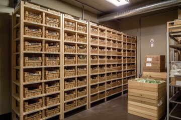 large-scale storage system with crates, boxes, and bins, created with generative ai