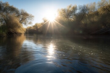 Obraz premium sparkling water, reflecting the sun's rays and creating a tranquil scene, created with generative ai