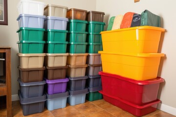 stack of plastic bins for tidy and organized storage, created with generative ai