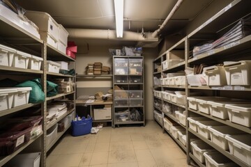 small storage room, with boxes and bins neatly labeled in alphabetical order, created with generative ai