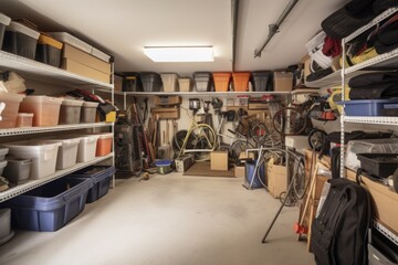 a neatly organized garage, with tools and supplies in place, created with generative ai