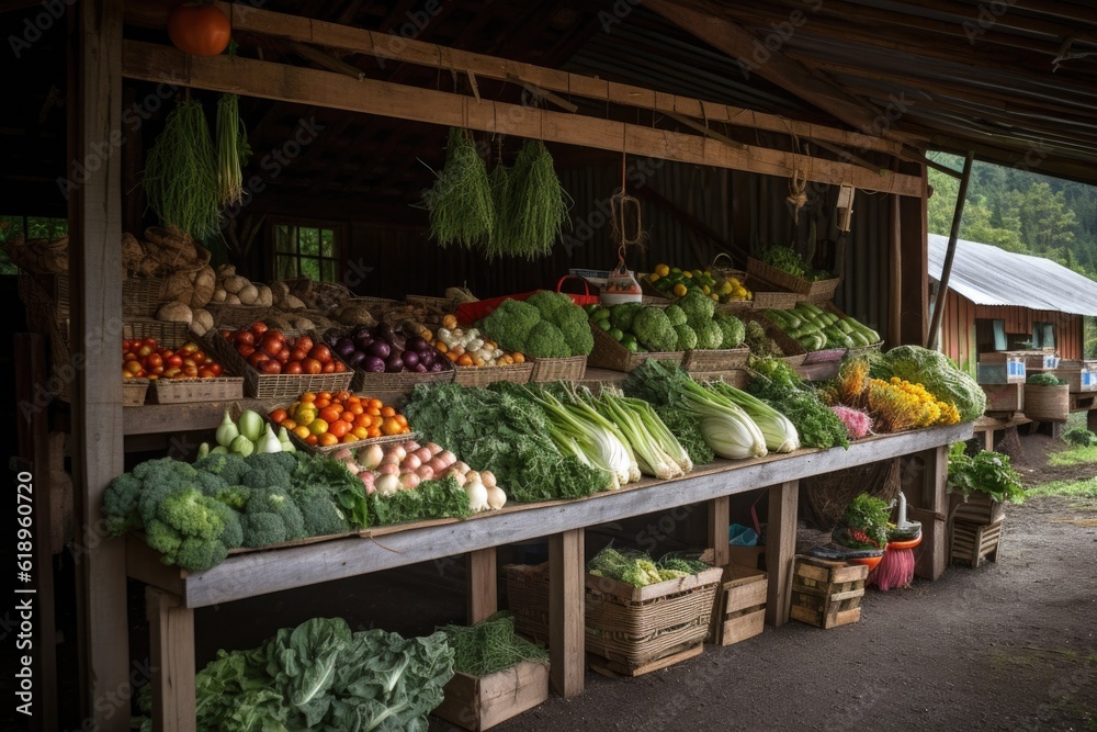 Sticker large vegetable stand, with a variety of fresh produce for customers, created with generative ai