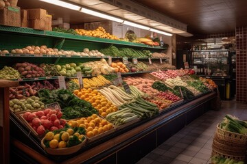 a grocery store with clean, vibrant produce stands and a variety of vegetables for customers to choose from, created with generative ai