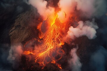 aerial view of volcano erupting with fiery lava flow, created with generative ai