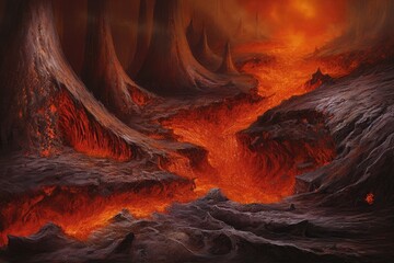 lava streaming down the slopes of an erupting volcano, created with generative ai