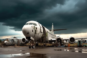 airplane graveyard under a dramatic stormy sky, created with generative ai