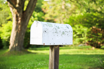 mailbox stands tall against a backdrop of greenery, symbolizing communication, connection, and the...