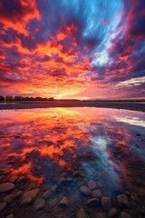 vibrant sunset sky with fluffy clouds, created with generative ai