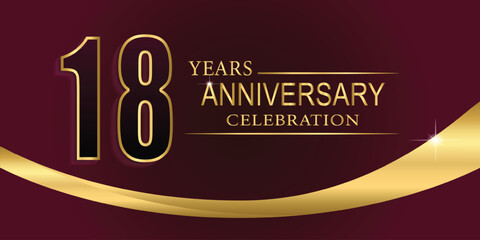 Obraz premium 18th Year anniversary celebration background. Golden lettering and a gold ribbon on dark background,vector design for celebration, invitation card, and greeting card.
