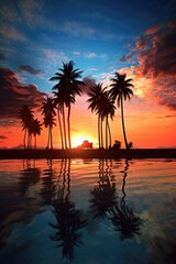 Obraz na płótnie Canvas tropical beach with palm tree silhouettes against sky, created with generative ai