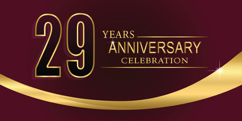 Obraz premium 29th Year anniversary celebration background. Golden lettering and a gold ribbon on dark background,vector design for celebration, invitation card, and greeting card.
