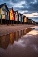 colorful beach huts lined up on the shore, created with generative ai