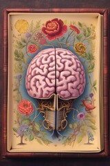 top view of an open book with a brain illustration, created with generative ai