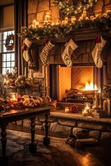 Fototapeta na wymiar cozy fireplace with stockings and holiday decorations, created with generative ai
