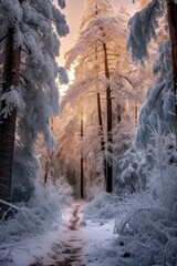 snowy winter landscape with frosted pine trees, created with generative ai