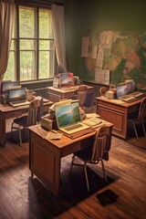 Fototapeta premium a group of study desks with open textbooks, notebooks, and laptops, created with generative ai