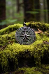 compass on mossy rock in a forest setting, created with generative ai