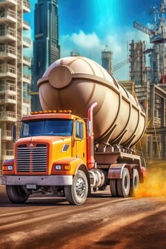 cement mixer truck on road with construction site background, created with generative ai