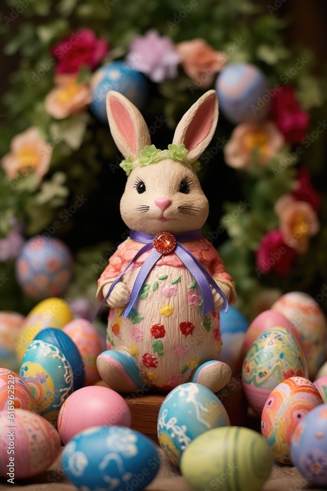 Canvas Prints easter bunny figurine surrounded by decorated eggs, created with generative ai