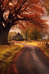 Fototapeta premium a winding country road lined with autumn trees, created with generative ai