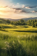 grass-covered rolling hills during golden hour, created with generative ai