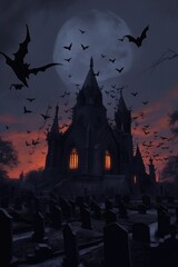 Fototapeta na wymiar bats flying over a creepy graveyard at dusk, created with generative ai